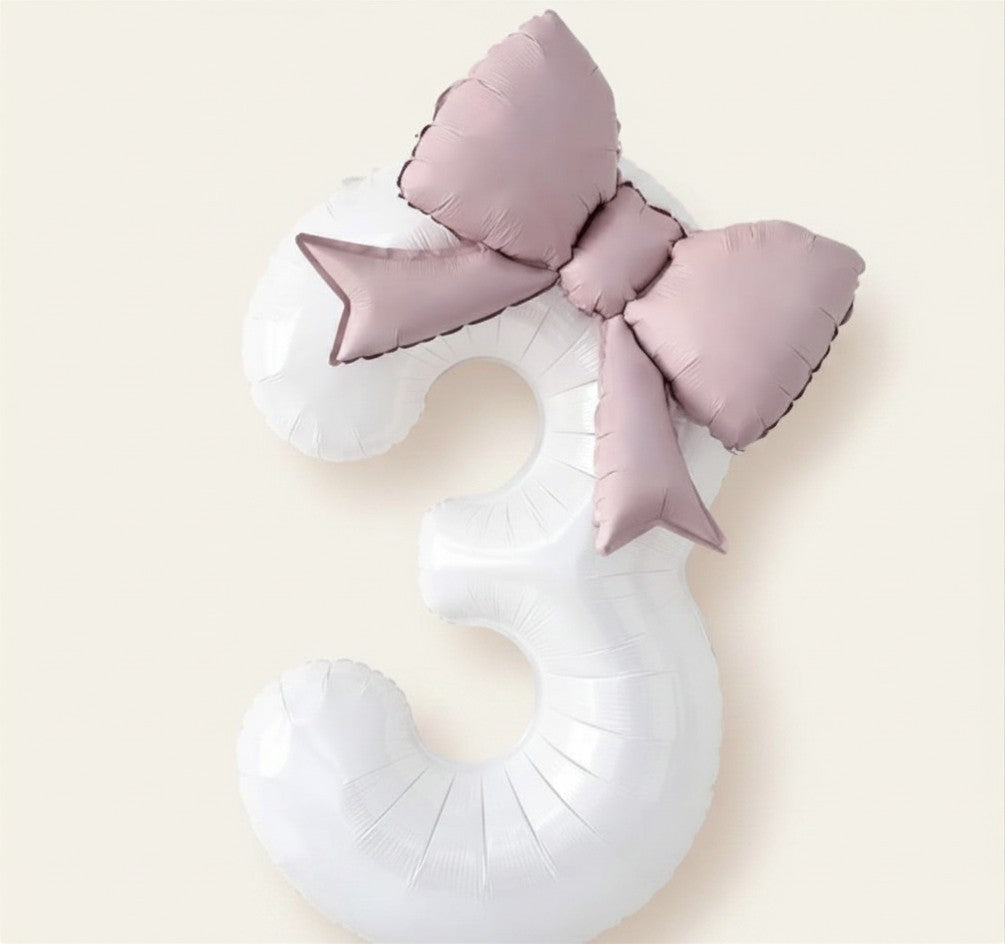 32" White Matte Number Balloon with Large Pink Bow