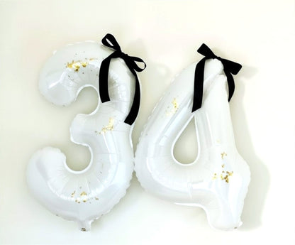 32" White Matte Number Balloon with Gold Flake