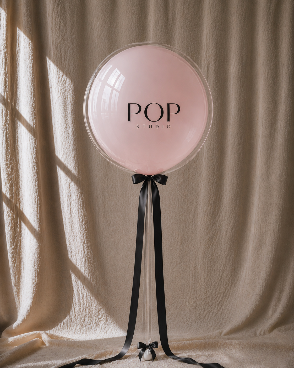 Custom Decal Bobo — pink balloon with POP Studio logo and black bow, branding example