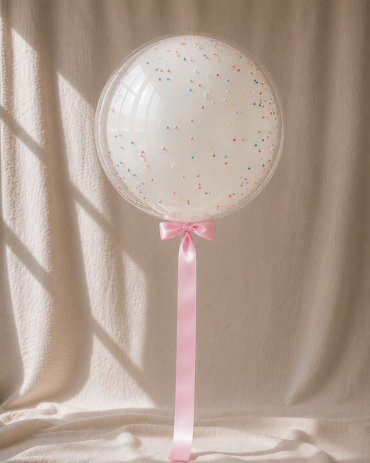 Fairy Bread bobo — clear balloon with pastel pearls, POP Studio Auckland