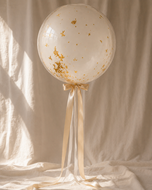 Golden Hour bobo — clear balloon with gold flake, POP Studio Auckland