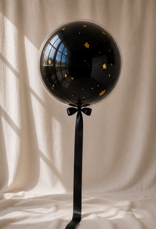 Midnight bobo — black balloon with gold flake, POP Studio Auckland