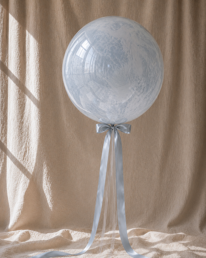 Soft Marble bobo balloon — grey marble swirl, silver ribbon, POP Studio Auckland