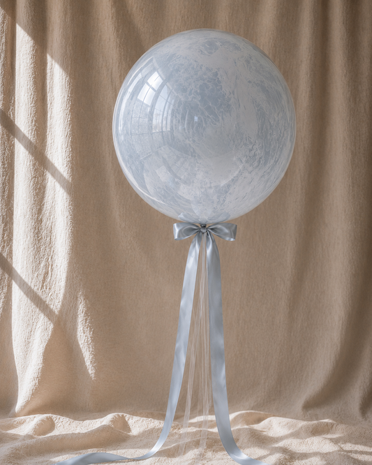 Soft Marble bobo balloon — grey marble swirl, silver ribbon, POP Studio Auckland
