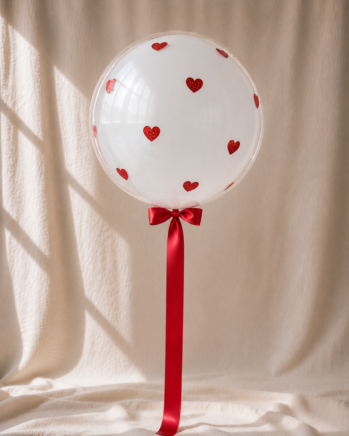Sweetheart bobo — clear balloon with red hearts, POP Studio Auckland