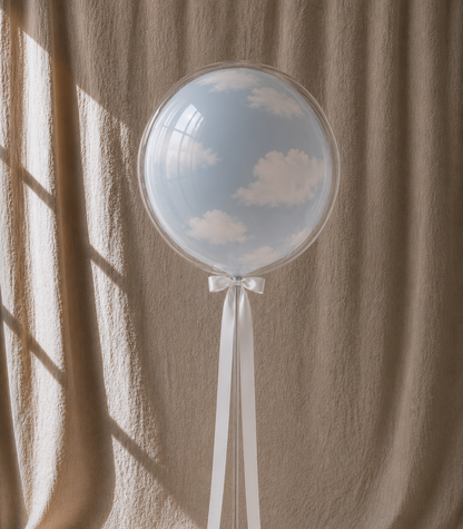 Up in the Clouds bobo — sky blue balloon with white clouds, ivory ribbon, POP Studio Auckland