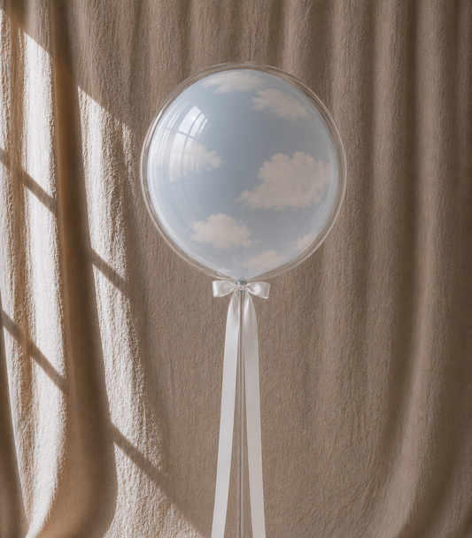 Up in the Clouds bobo — sky blue balloon with white clouds, ivory ribbon, POP Studio Auckland