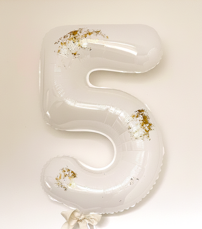 32" White Matte Number Balloon with Gold Flake