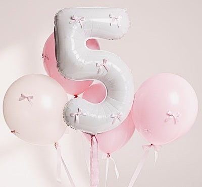 32" White Matte Number Balloon with Mini Pink Bows